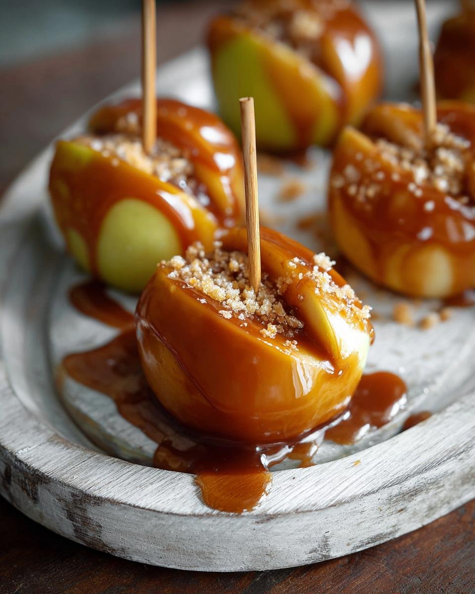 Gros plan sur des pommes au caramel coupées en quartiers, nappées de sauce caramel et saupoudrées de miettes.