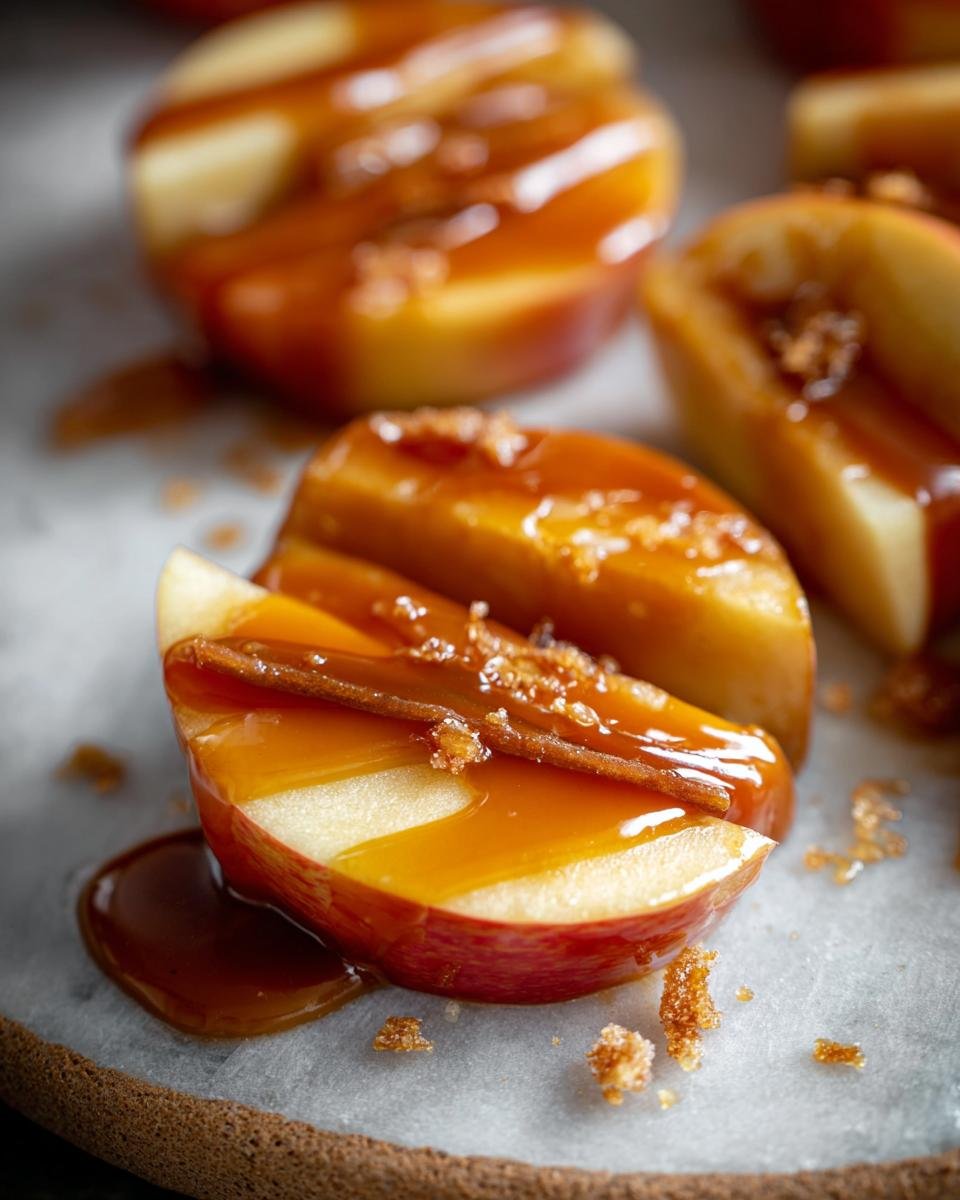 Gros plan de morceaux de pommes au caramel, nappés de sauce caramel et saupoudrés de sucre brun.