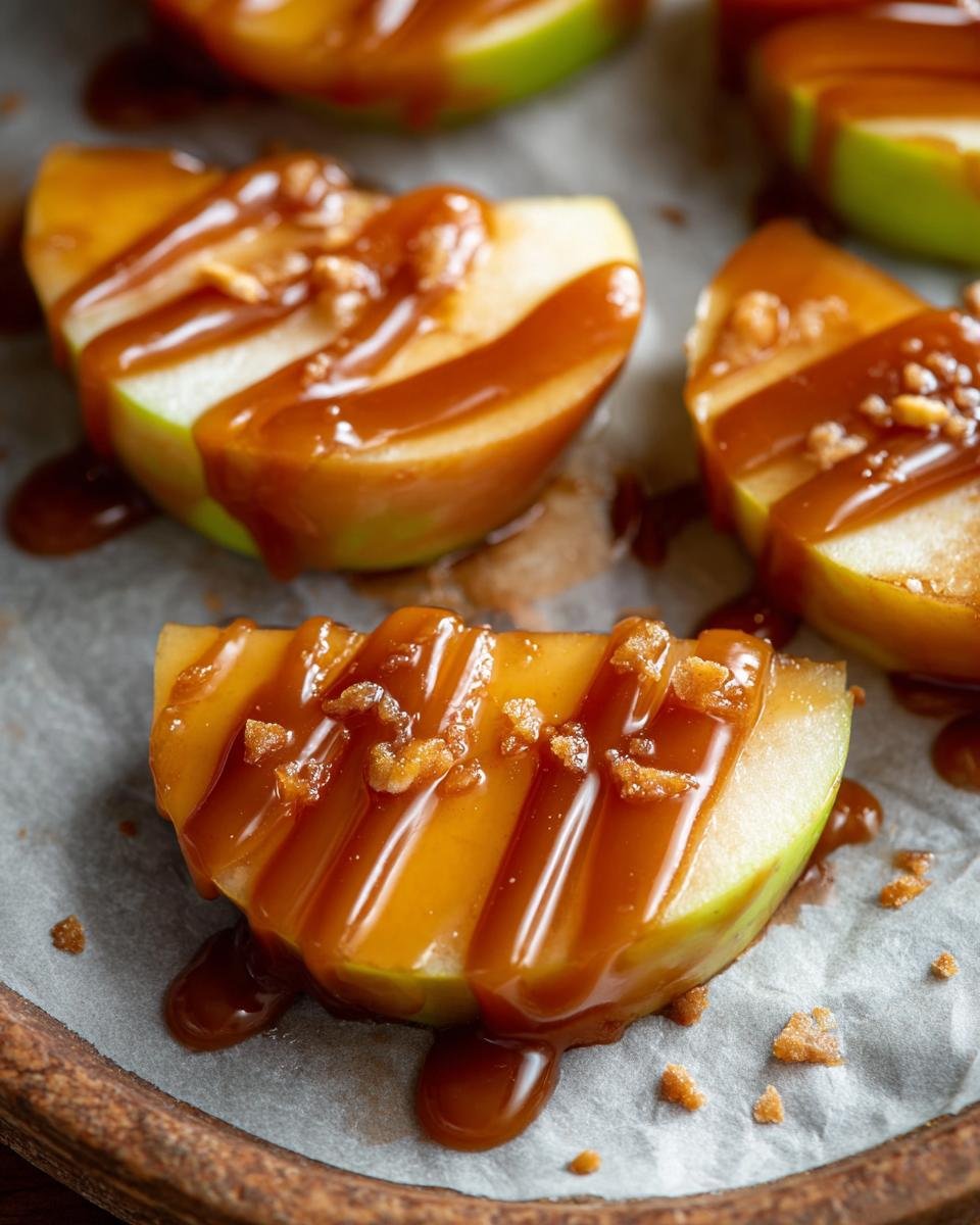 Gros plan sur des tranches de pommes au caramel, généreusement arrosées de sauce caramel et parsemées de miettes.