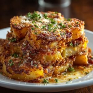Gros plan de pommes de terre croustillantes au parmesan, garnies de persil frais.