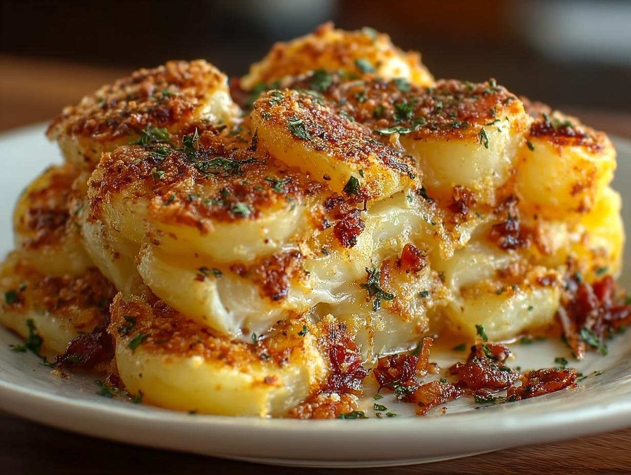 Pommes de Terre Croustillantes au Parmesan : 1 Astuce 3 Gros plan sur des pommes de terre croustillantes au parmesan, coupées en fines tranches et empilées, garnies d'herbes fraîches.