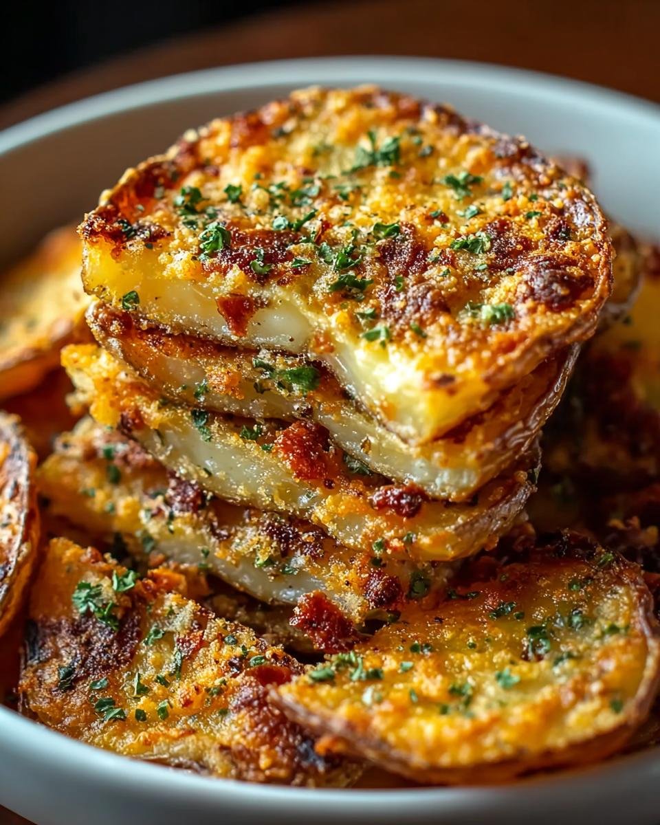 Pommes de Terre Croustillantes au Parmesan : 1 Astuce 4 Gros plan sur une pile de pommes de terre croustillantes au parmesan, garnies de persil frais.