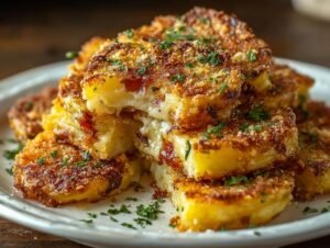 Gros plan de pommes de terre croustillantes au parmesan, dorées et garnies de persil frais.