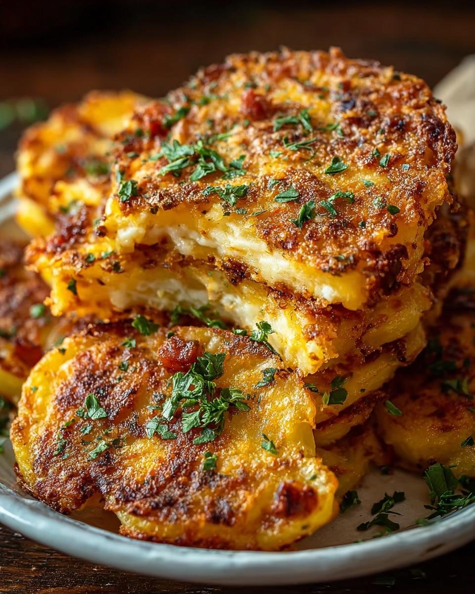 Pommes de Terre Croustillantes au Parmesan : 1 Astuce 1 Gros plan sur une pile de pommes de terre croustillantes au parmesan, garnies de persil frais.