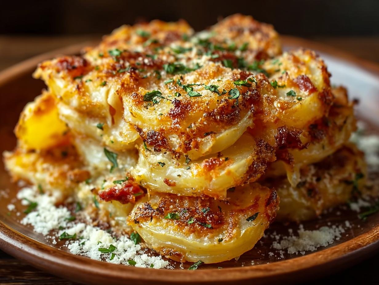 Pommes de Terre Croustillantes au Parmesan : 1 Astuce 2 Gros plan sur une pile de pommes de terre croustillantes au parmesan, garnies d'herbes fraîches.
