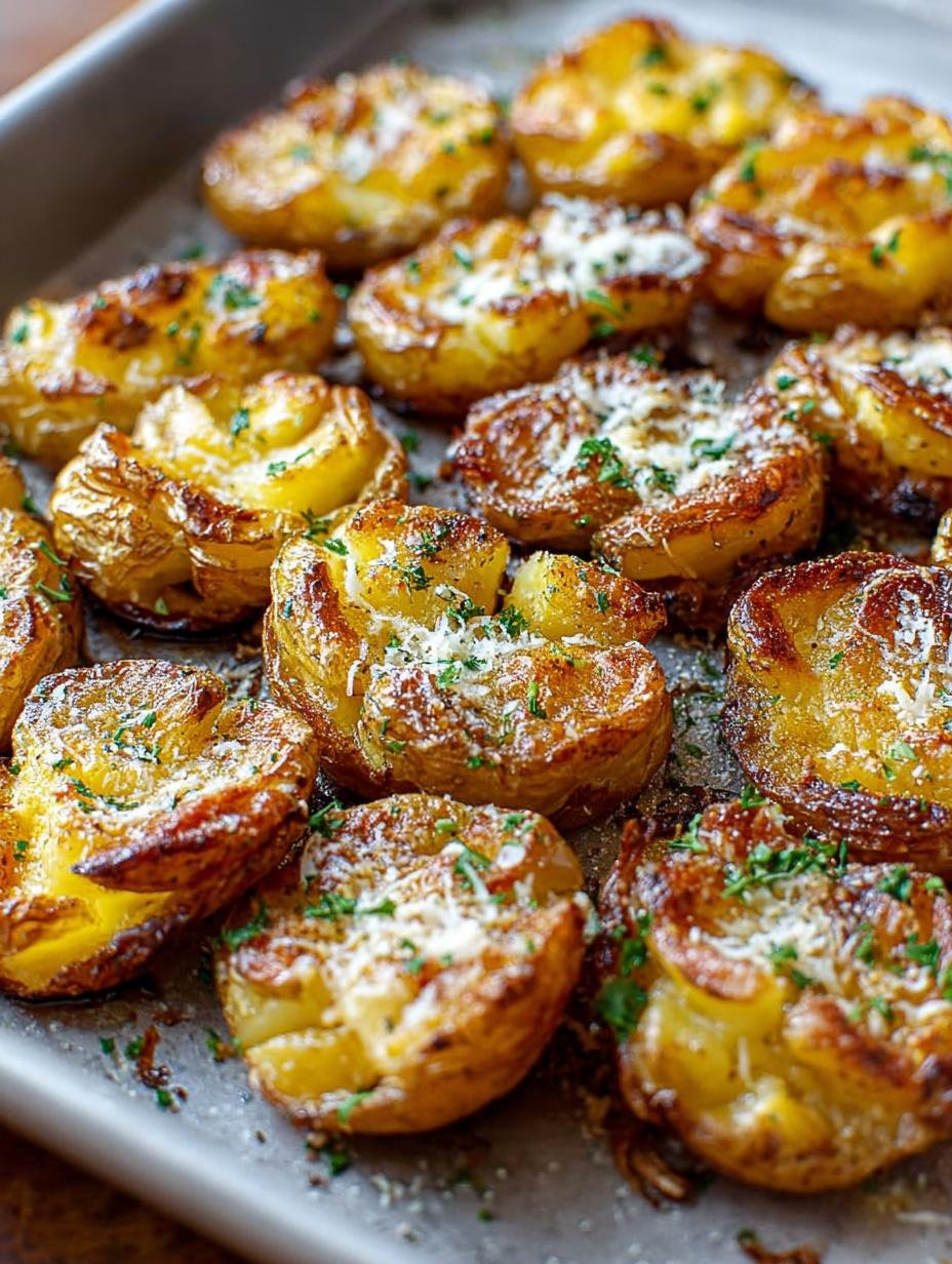 Pommes de Terre Écrasées: 1 secret divin 2 Gros plan de pommes de terre écrasées au four, dorées, garnies de parmesan et de persil.
