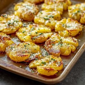 Gros plan de pommes de terre écrasées au four, garnies de parmesan et de persil frais.