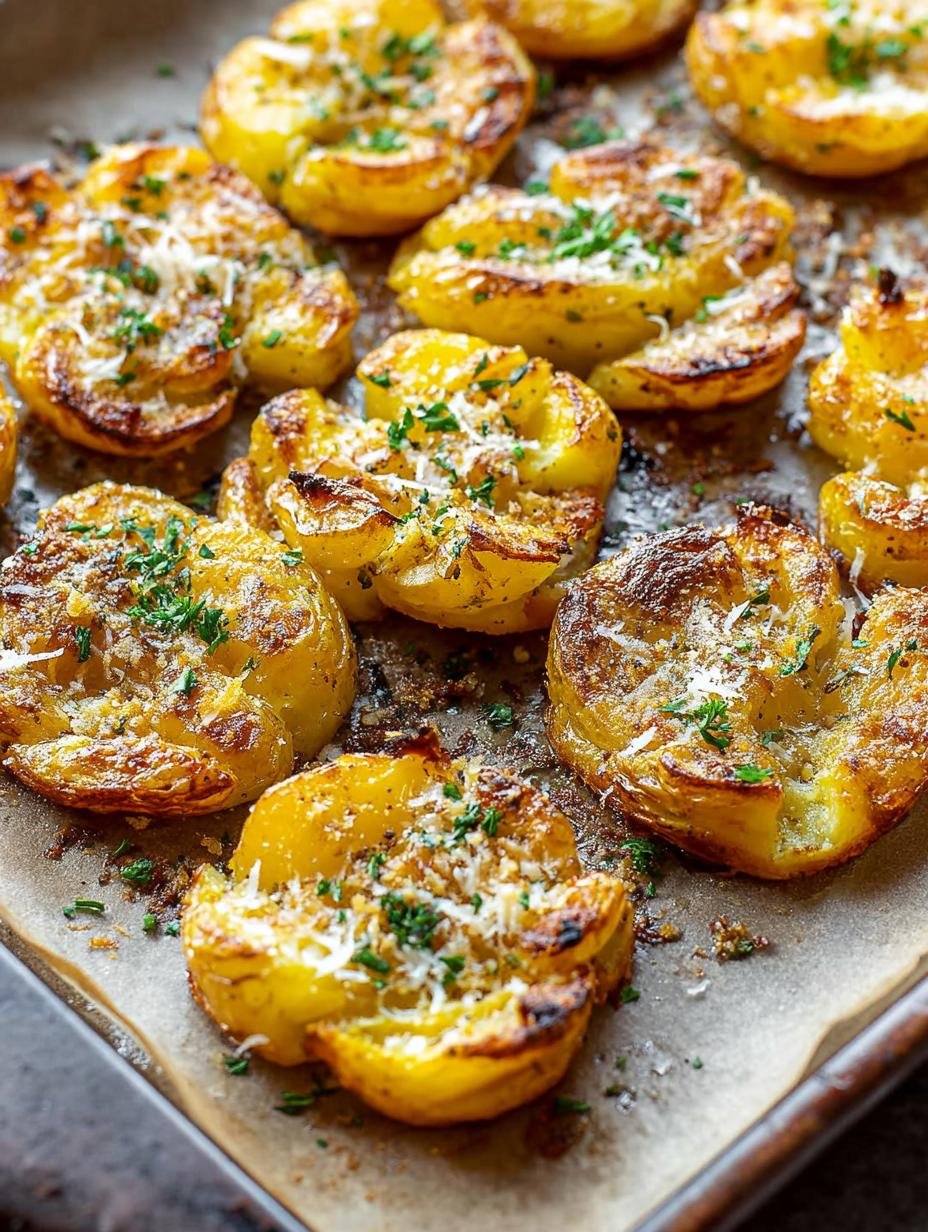 Pommes de Terre Écrasées: 1 secret divin 1 Gros plan sur des pommes de terre écrasées au four, dorées, garnies de parmesan et de persil.