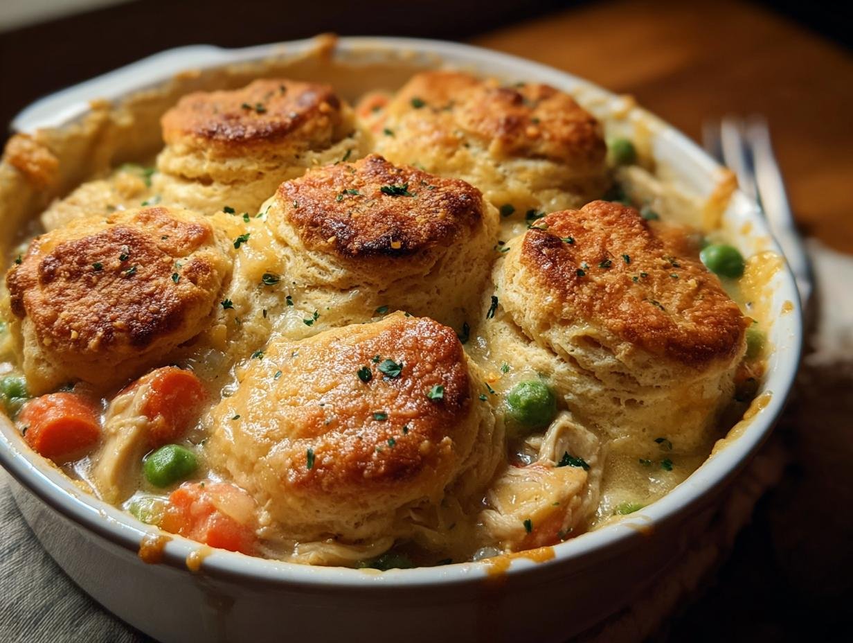 Gros plan d'un Pot Pie au Poulet et Biscuits Cheddar dans un plat blanc, garni de persil.