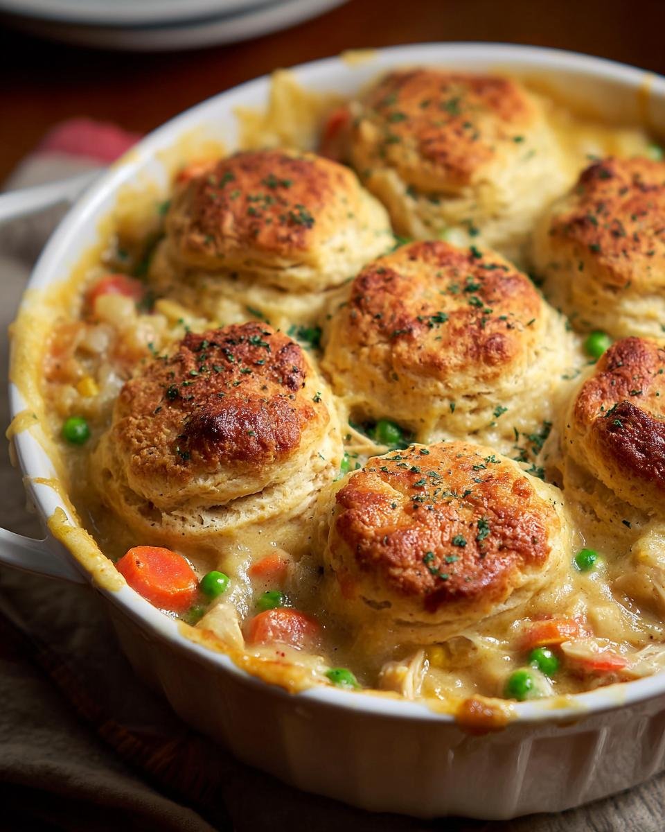 Gros plan d'un pot pie au poulet et biscuits cheddar, garni de persil frais.