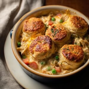 Gros plan d'un pot pie au poulet et biscuits cheddar dans un plat, garni de persil.