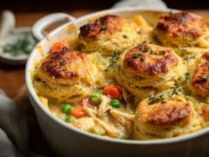 Gros plan d'un pot pie au poulet et biscuits cheddar dans un plat blanc, garni de thym frais.