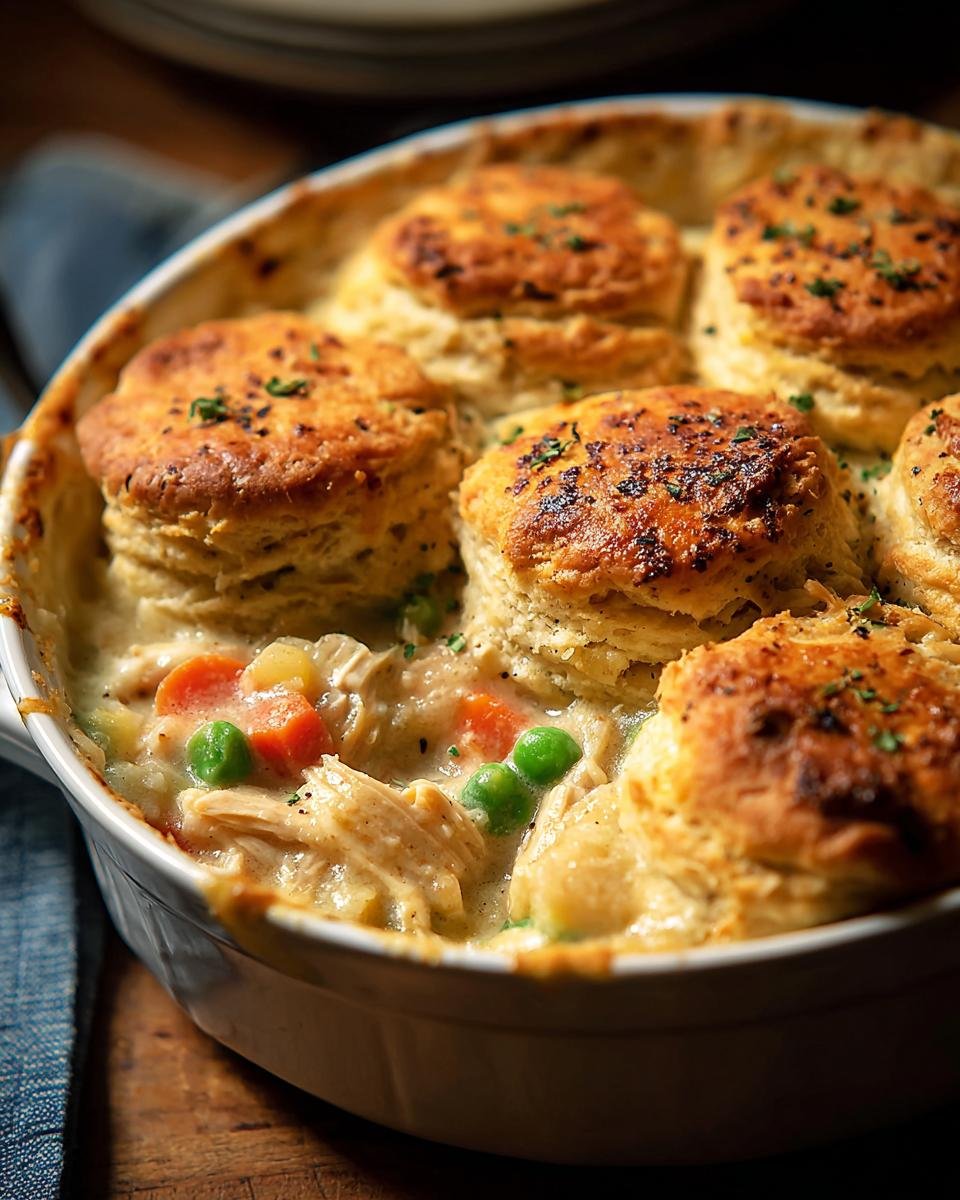 Gros plan d'un pot pie au poulet et biscuits cheddar, garni de persil frais.