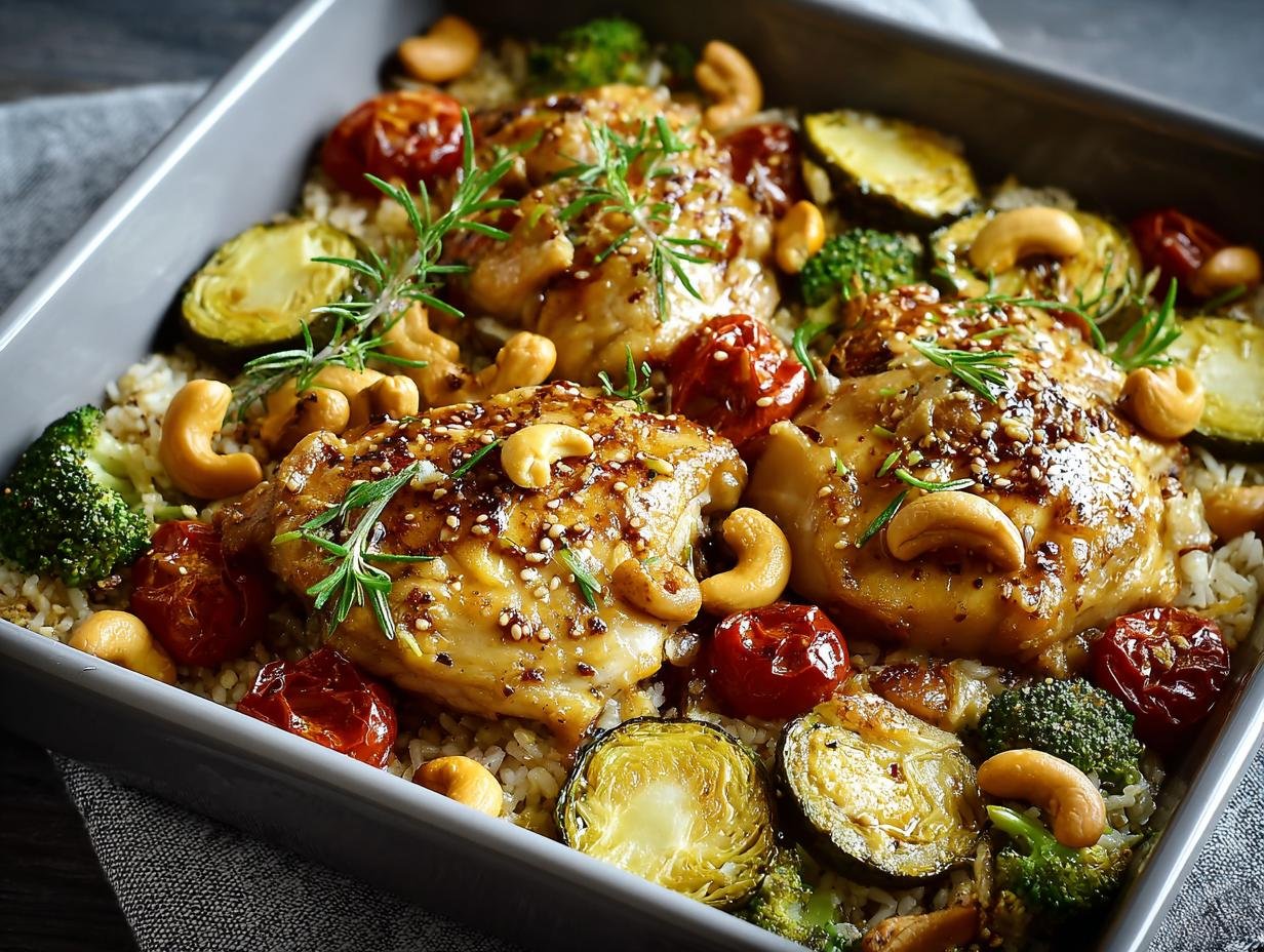 Gros plan d'un plat de Poulet aux Noix de Cajou avec riz, brocolis, tomates cerises et courgettes.