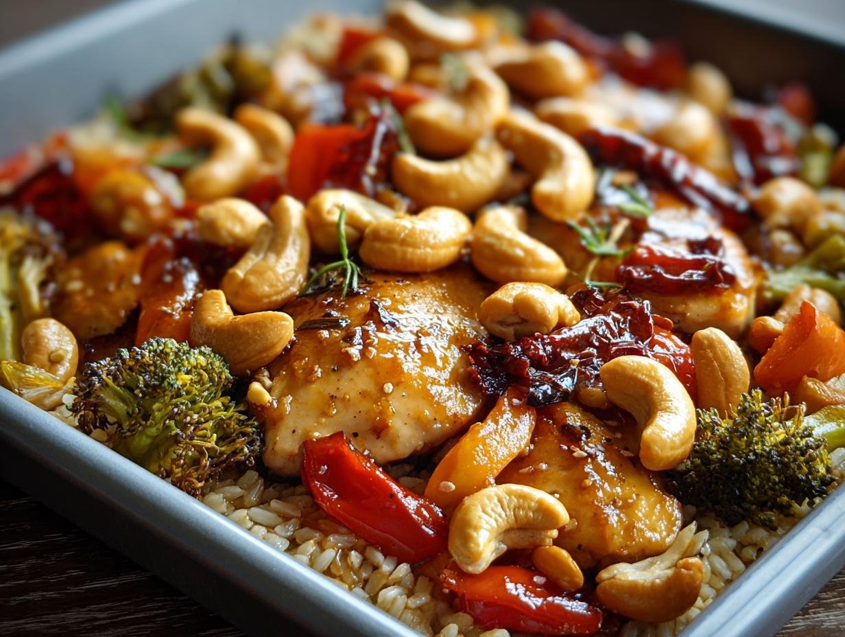 Gros plan sur un plat de Poulet aux Noix de Cajou avec du riz, du brocoli et des poivrons rouges.