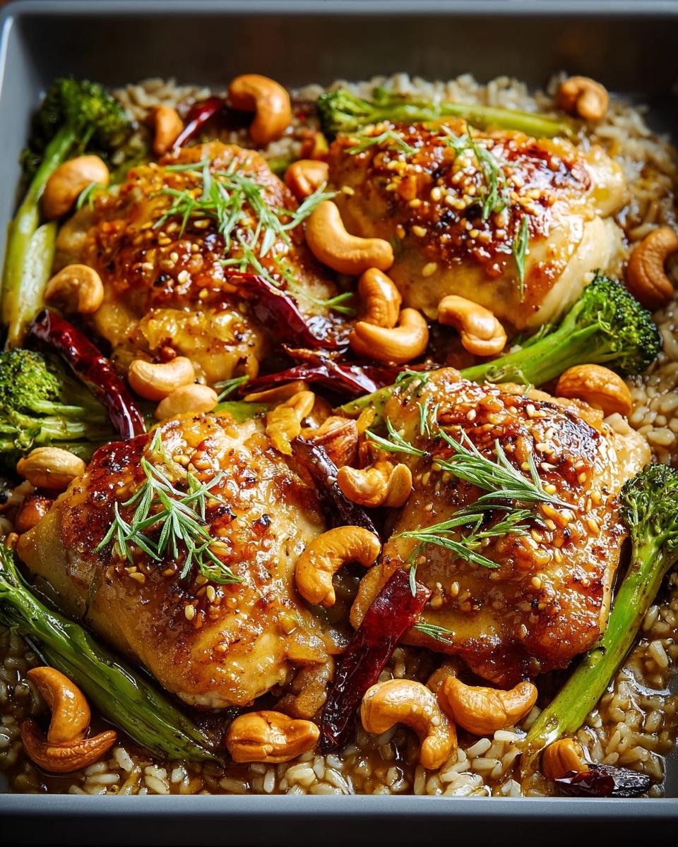 Plat de poulet aux noix de cajou, riz, brocolis et piments séchés, garni d'herbes fraîches.