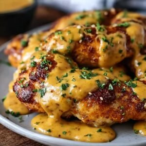 Gros plan de Poulet Bretzel nappé d'une sauce moutarde-cheddar crémeuse et garni de persil.