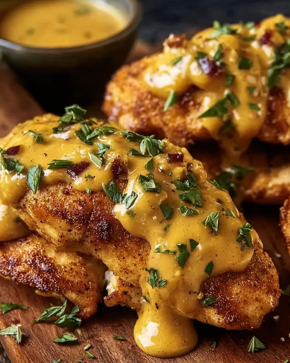 Gros plan de poulet bretzel généreusement nappé de sauce moutarde-cheddar crémeuse et garni de persil frais.