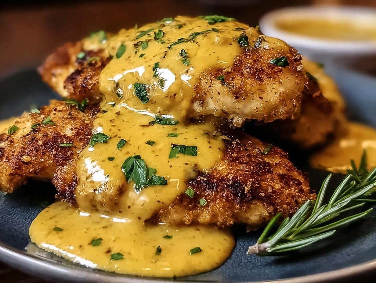 Gros plan de Poulet Bretzel enrobé de sauce Moutarde-Cheddar et garni de persil.