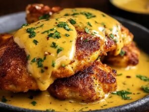 Gros plan sur du Poulet Bretzel nappé d'une sauce moutarde-cheddar crémeuse et garni de persil.