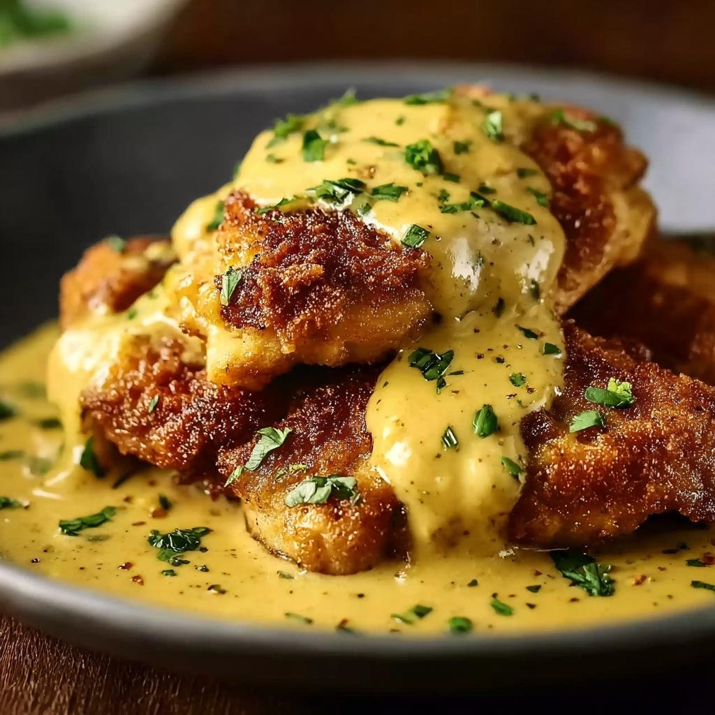 Gros plan de Poulet Bretzel nappé d'une sauce moutarde-cheddar crémeuse et garni de persil.