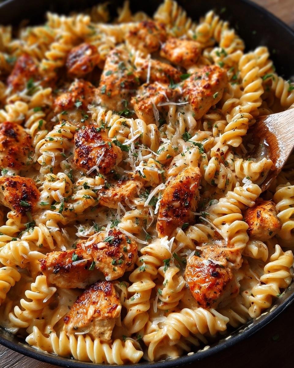 Gros plan d'un plat de poulet Cajun rotini crémeux, garni de persil et de fromage râpé.