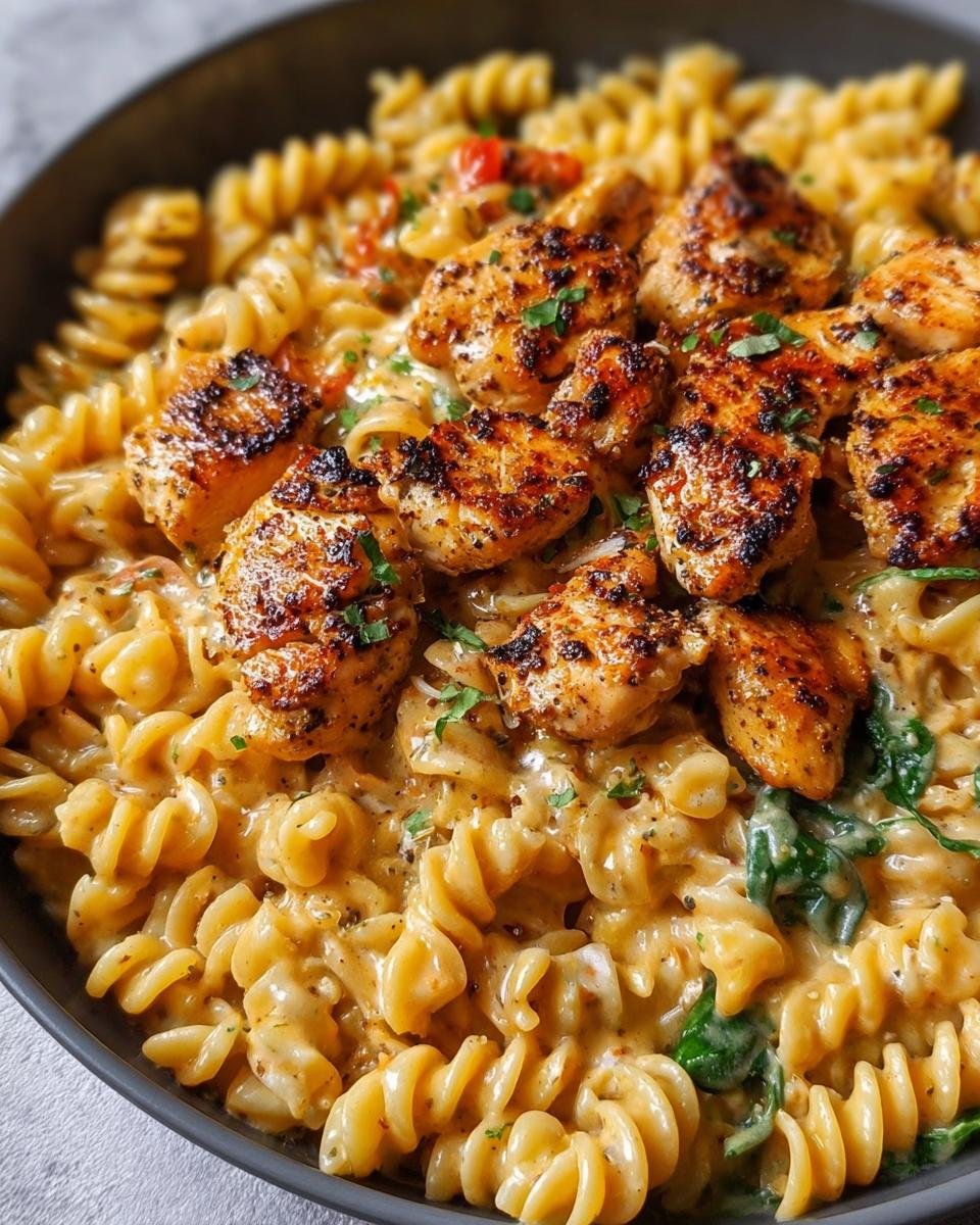 Gros plan d'un plat de poulet Cajun Rotini crémeux avec du poulet grillé et des épinards.