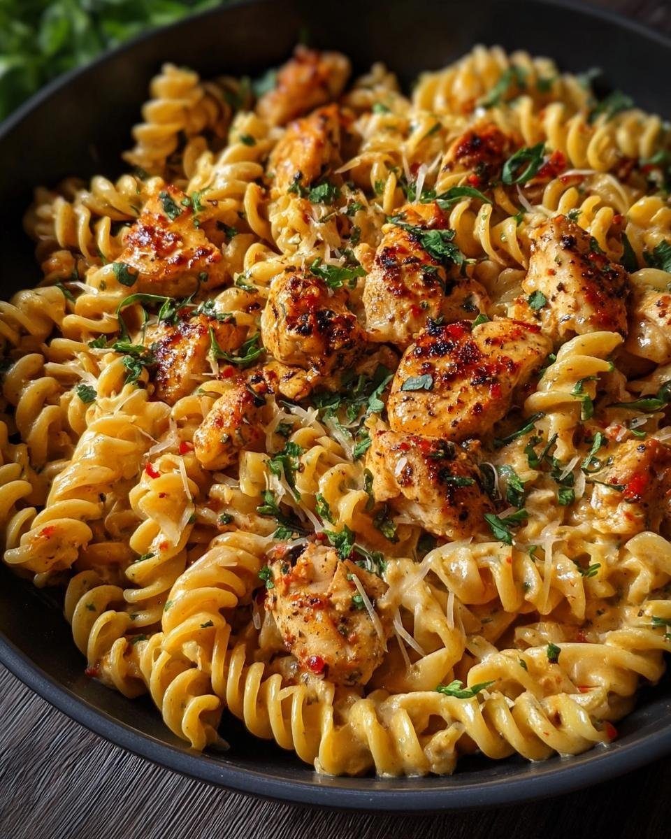 Gros plan d'un plat de poulet Cajun Rotini crémeux, garni de persil frais et de fromage râpé.