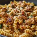 Gros plan d'un plat de poulet Cajun Rotini crémeux, avec des morceaux de poulet grillé et des herbes fraîches.