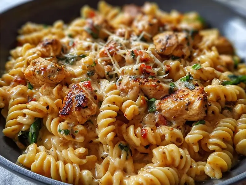 Gros plan d'un plat de poulet Cajun Rotini crémeux, avec des morceaux de poulet grillé et des herbes fraîches.