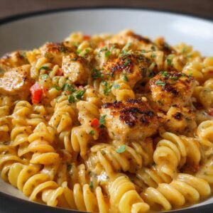 Gros plan sur un plat de poulet Cajun Rotini crémeux avec des morceaux de poulet grillé et des herbes fraîches.