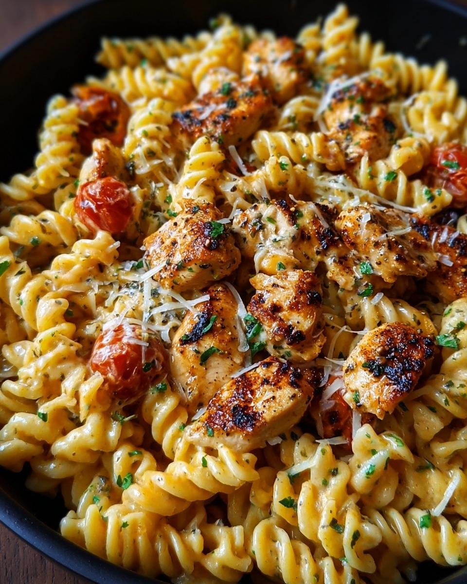 Gros plan d'un plat de poulet cajun rotini crémeux garni de parmesan et de persil frais.