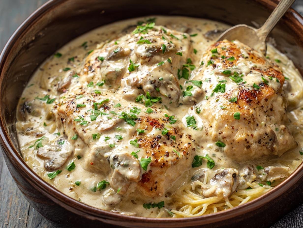 Gros plan sur du poulet crémeux à la mijoteuse servi sur des pâtes, garni de persil frais.