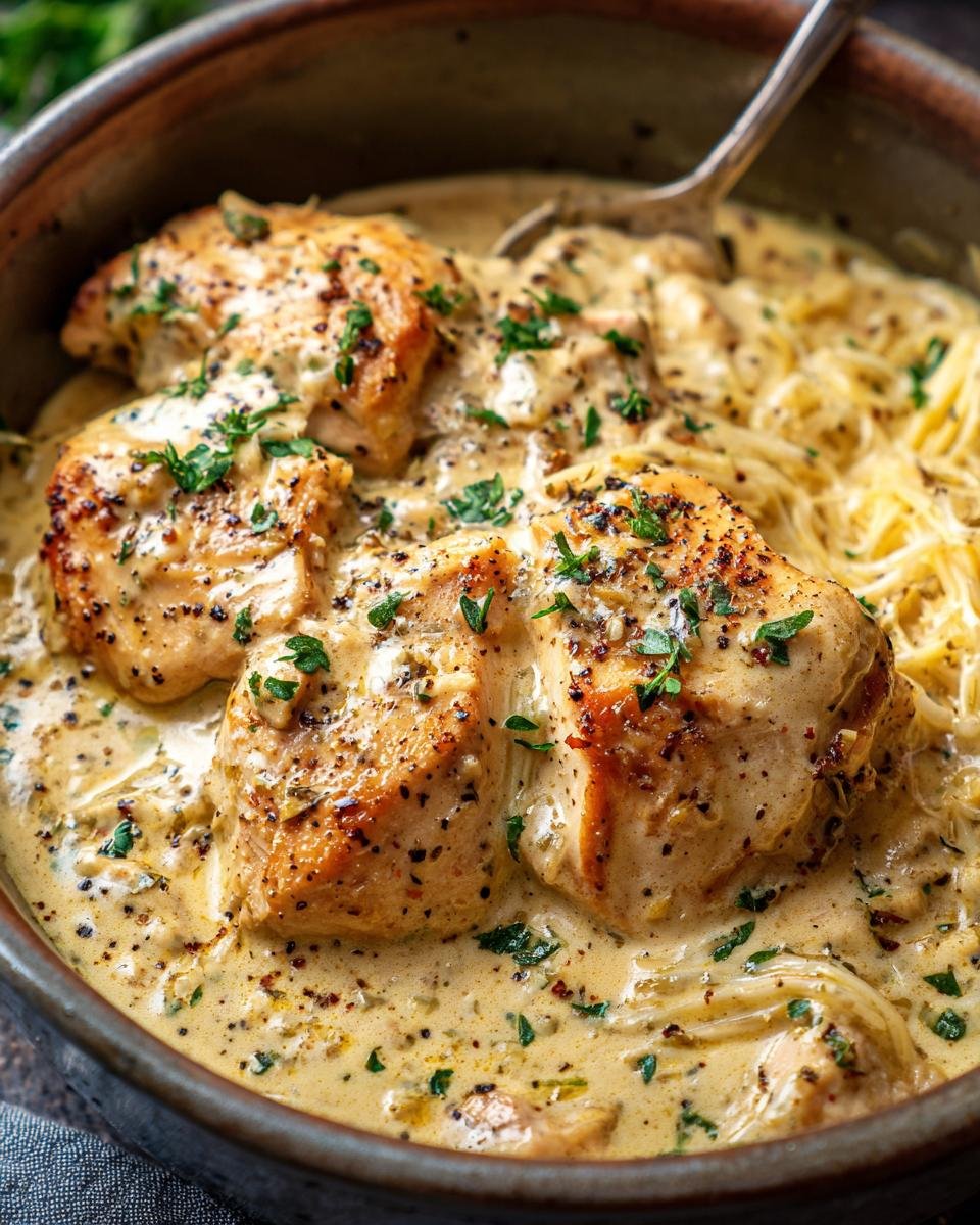 Gros plan de morceaux de poulet crémeux mijoteuse servis sur des pâtes fines, garni de persil haché.