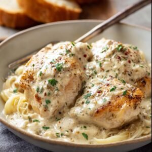 Gros plan sur du poulet crémeux à la mijoteuse servi sur des pâtes, garni de persil frais.