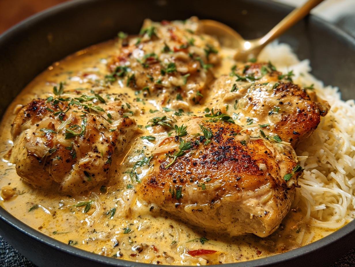 Gros plan sur du poulet crémeux à la mijoteuse servi sur du riz blanc, garni d'herbes fraîches.