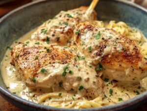 Gros plan sur des poitrines de poulet crémeux mijoteuse nappées de sauce et garnies de persil frais, servies sur des pâtes.