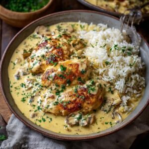Gros plan d'une assiette de poulet crémeux et riz, garnie de persil frais.