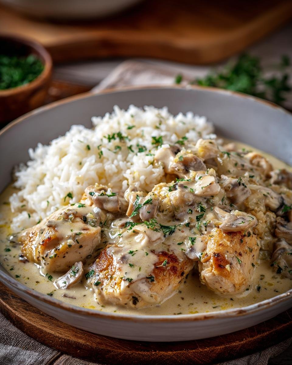 Gros plan sur du poulet crémeux et riz aux champignons, garni de persil frais.