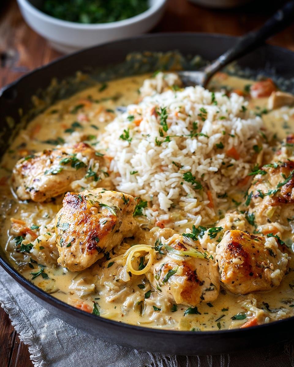 Gros plan d'un plat de poulet crémeux et riz servi dans une poêle, garni de persil frais.