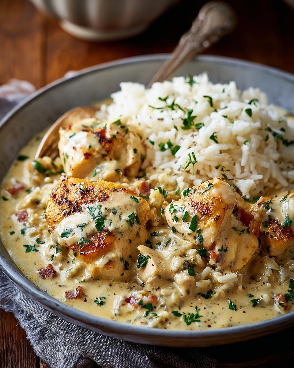 Gros plan sur un plat de poulet crémeux et riz, garni de persil frais.