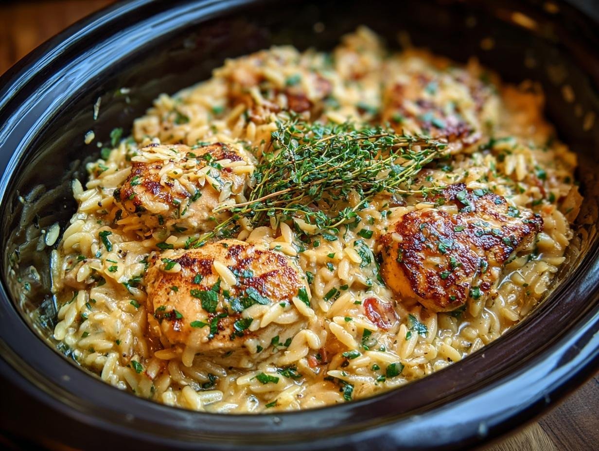Gros plan de Poulet Orzo Parmesan Mijoteuse, garni de thym frais et de persil.