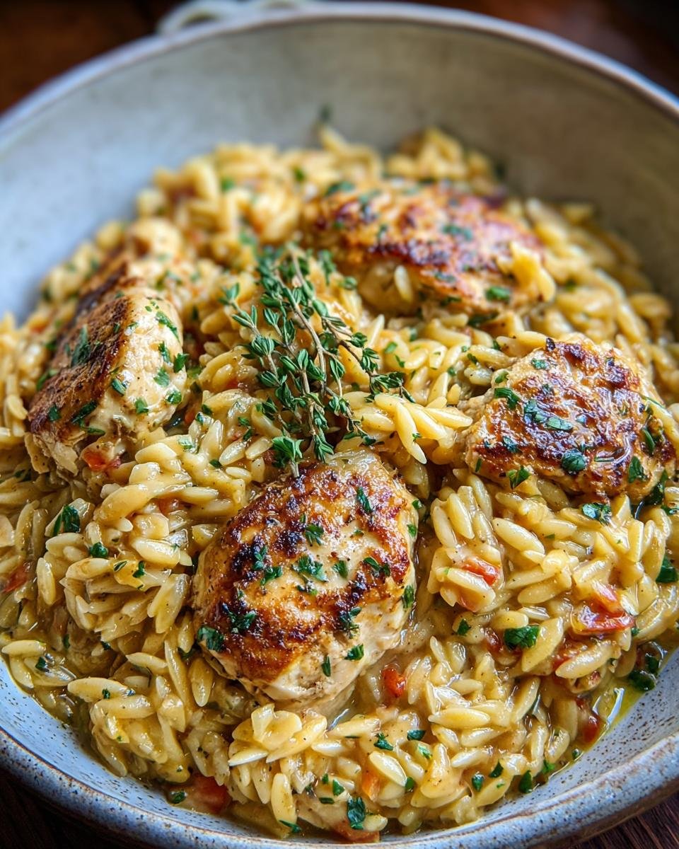 Gros plan de Poulet Orzo Parmesan Mijoteuse dans un bol, garni de thym frais.