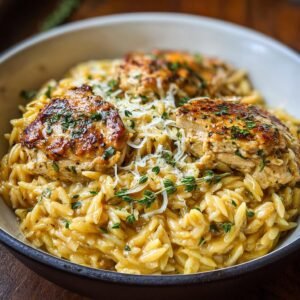 Gros plan d'un plat de Poulet Orzo Parmesan Mijoteuse garni de poulet grillé, de parmesan râpé et de persil frais.