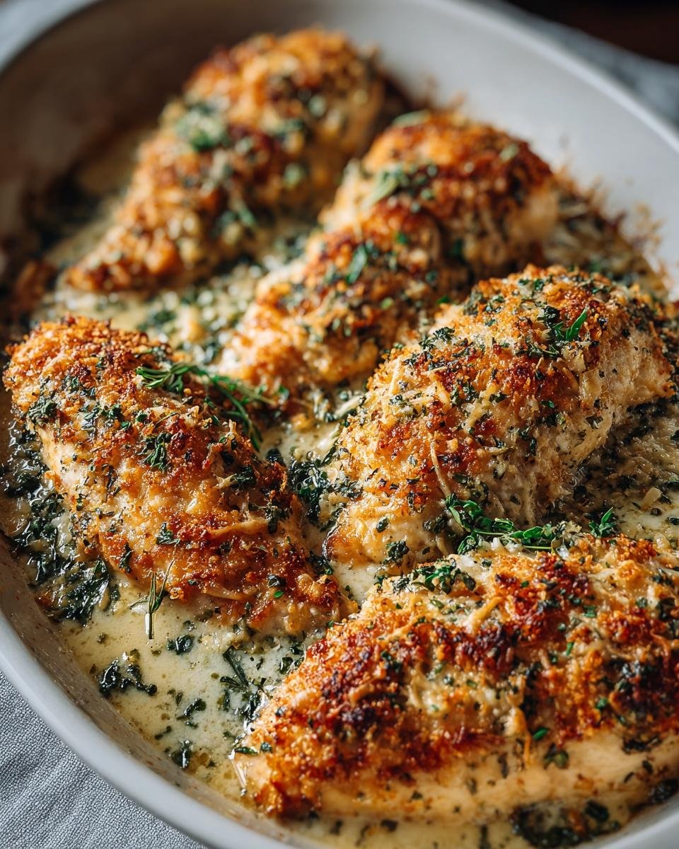 Gros plan sur du poulet au parmesan et à l'ail doré, baignant dans une sauce crémeuse et garni d'herbes fraîches.