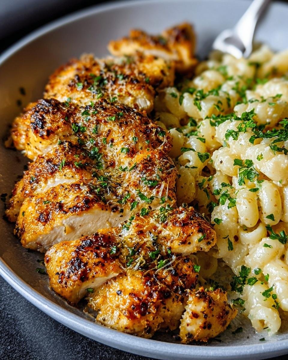 Poulet Parmesan Ail : 40 min de délice garanti 1 Gros plan sur du poulet au parmesan et ail tranché, servi à côté de pâtes crémeuses garnies de persil frais.