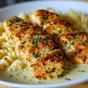 Gros plan sur des morceaux de Poulet au Parmesan et Ail dorés, servis sur des pâtes fusilli dans une sauce crémeuse.