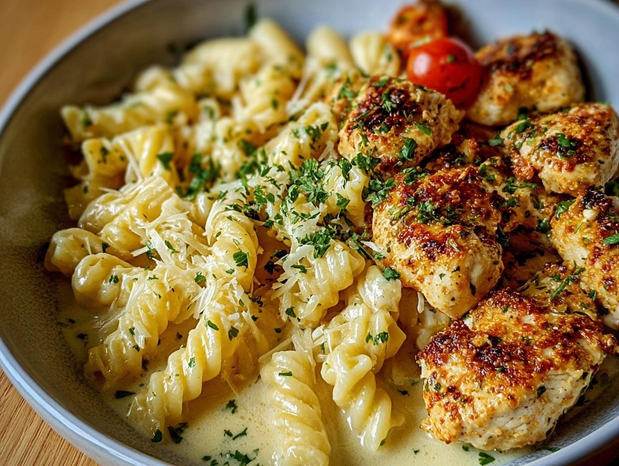 Poulet Parmesan Ail : 40 min de délice garanti 2 Gros plan sur du poulet au parmesan et ail croustillant servi avec des pâtes fusilli crémeuses et garni de persil frais.