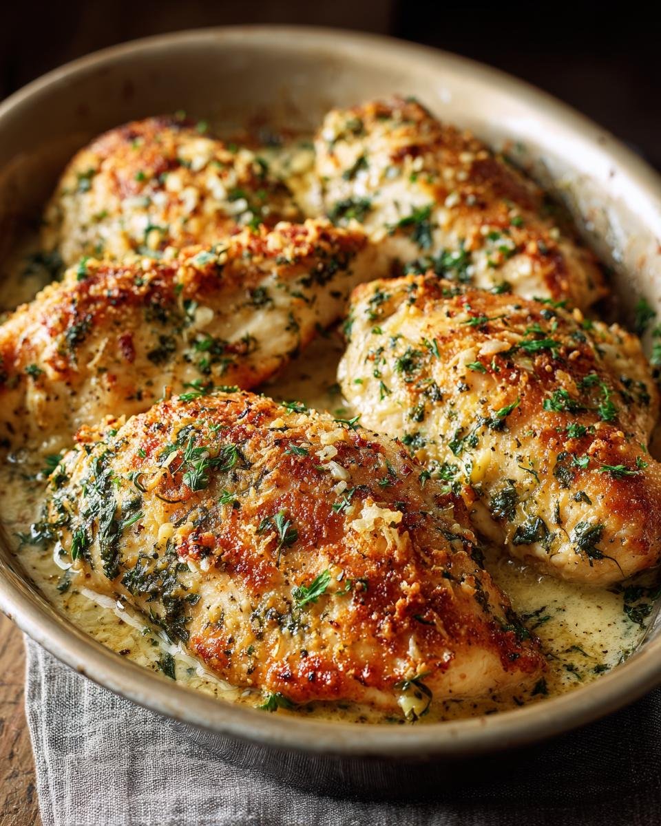 Gros plan sur un plat de poulet au parmesan et à l'ail, doré et garni de persil frais.