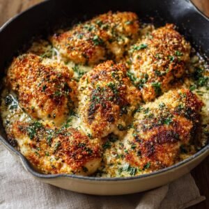 Gros plan sur un plat de poulet parmesan et ail doré, garni de persil frais.